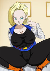 Rule 34 | 1girl, android 18, blonde hair, blue eyes, breasts, cleft of venus, dragon ball, dragonball z, female focus, highres, nipples, padm, pussy, text focus, uncensored