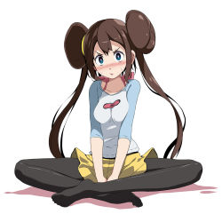Rule 34 | 1girl, :o, arms between legs, between legs, black pantyhose, blue eyes, blush, breasts, breasts squeezed together, brown hair, creatures (company), crossed legs, double bun, game freak, hair bun, halterneck, hand between legs, highres, indian style, long hair, long sleeves, looking at viewer, medium breasts, nintendo, open mouth, pantyhose, pantyhose under shorts, pokemon, pokemon bw2, rosa (pokemon), shorts, sidelocks, simple background, sitting, solo, sweat, tsukishiro saika, twintails, two-tone shirt, white background, yellow shorts