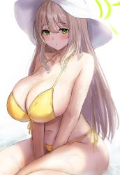 Rule 34 | 1girl, bare shoulders, bikini, blue archive, blush, breasts, cleavage, collarbone, front-tie top, green eyes, hair between eyes, halo, hat, highres, large breasts, light brown hair, long hair, looking at viewer, navel, nonomi (blue archive), nonomi (swimsuit) (blue archive), official alternate costume, partially submerged, satou aji, side-tie bikini bottom, sidelocks, simple background, sitting, solo, stomach, sun hat, swept bangs, swimsuit, thighs, wariza, water, wet, wet hair, white background, white hat, yellow bikini