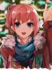Rule 34 | 10s, 1girl, blue eyes, fur trim, image sample, jacket, looking at viewer, lowres, md5 mismatch, one side up, open mouth, orange hair, pupps, resized, scarf, short hair, solo, tumblr sample, upper body, waving, yahari ore no seishun lovecome wa machigatteiru., yuigahama yui