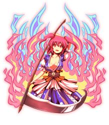 Rule 34 | 1girl, bad id, bad pixiv id, breasts, cleavage, coin, female focus, hair bobbles, hair ornament, kisaragi zwei, large breasts, obi, onozuka komachi, red eyes, red hair, revision, sash, scythe, short hair, solo, touhou, twintails, two side up