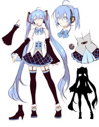 Rule 34 | 1girl, ahoge, alternate costume, ankle scrunchie, bare shoulders, black skirt, black sleeves, black thighhighs, blue bow, blue eyes, blue hair, bow, bowtie, buttons, character sheet, detached sleeves, full body, garter belt, hair ornament, hatsune miku, headphones, headset, high heels, highres, long hair, looking at viewer, multiple views, plaid, plaid skirt, saihate (d3), scrunchie, shirt, shoulder tattoo, silhouette, skirt, sleeveless, sleeveless shirt, smile, tattoo, thighhighs, twintails, very long hair, vocaloid, white shirt, zettai ryouiki