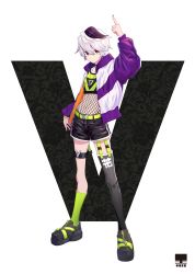 Rule 34 | 1girl, absurdres, bad id, bad pixiv id, black footwear, black shorts, black socks, commentary, expressionless, fishnet top, fishnets, flower (vocaloid), flower (vocaloid4), green socks, hand up, highres, index finger raised, jacket, jewelry, kanji, kneehighs, letter, looking at viewer, midriff, mujikuro, multicolored clothes, multicolored hair, multicolored jacket, necklace, purple eyes, purple jacket, shoes, short hair, shorts, single kneehigh, single sock, single thighhigh, sneakers, socks, solo, strapless, streaked hair, thigh strap, thighhighs, translated, tube top, two-sided fabric, two-sided jacket, two-tone jacket, vocaloid, white background, white hair, white jacket