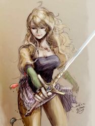 Rule 34 | 1girl, amano yoshitaka design, blonde hair, breasts, celes chere, cleavage, closed mouth, commentary request, earrings, final fantasy, final fantasy vi, highres, jewelry, komugiko no mori, long hair, ring, smile, solo, sword, weapon