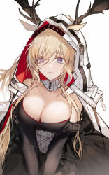 Rule 34 | 1girl, animal ears, antlers, arknights, bare shoulders, black dress, blonde hair, breasts, cleavage, commentary request, dress, grey eyes, highres, horns, large breasts, long hair, simple background, solo, upper body, viviana (arknights), white background, yuuki mix
