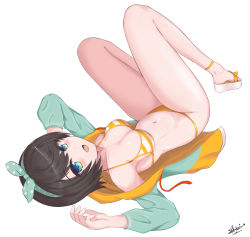 Rule 34 | 1girl, :d, absurdres, armpits, arms up, bare legs, bare shoulders, bikini, black hair, blue eyes, blush, breasts, cleavage, collarbone, commentary request, full body, green eyes, green hairband, green jacket, green ribbon, hair ribbon, hairband, highres, hololive, jacket, knees up, looking at viewer, lying, medium breasts, multicolored eyes, navel, off shoulder, on back, oozora subaru, oozora subaru (hololive summer 2019), open clothes, open jacket, open mouth, orange bikini, polka dot, polka dot hairband, polka dot ribbon, ribbon, sandals, sato art, short hair, signature, simple background, smile, solo, striped bikini, striped clothes, swimsuit, virtual youtuber, white background, white footwear