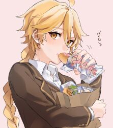 Rule 34 | 1boy, aether (genshin impact), ahoge, blonde hair, blush, braid, brown jacket, brown vest, bun (food), buttons, collared shirt, commentary, eating, fingernails, food, food on face, genshin impact, hair between eyes, hand up, holding, holding food, jacket, lapels, long hair, long sleeves, looking at viewer, male focus, neraku0403, open clothes, open jacket, package, pink background, shirt, simple background, solo, standing, symbol-only commentary, vest, white shirt, yellow eyes