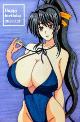 Rule 34 | 1girl, 2023, absurdres, alternate breast size, antenna hair, black hair, blue one-piece swimsuit, breasts, cleavage, dated, female focus, hair ribbon, happy birthday, high school dxd, highleg, highleg swimsuit, highres, himejima akeno, huge breasts, long hair, one-piece swimsuit, parted lips, ponytail, purple eyes, ribbon, smile, solo, swimsuit, yellow ribbon