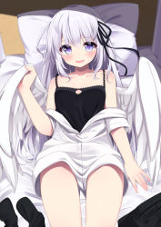Rule 34 | 1girl, :d, angel, angel wings, bare shoulders, black shirt, black skirt, black socks, blush, camisole, collarbone, commentary request, feathered wings, hair ribbon, highres, long hair, looking at viewer, lying, off shoulder, on back, on bed, open mouth, original, pillow, purple eyes, ribbon, sasahara wakaba, shirt, skirt, unworn skirt, sleeveless, sleeveless shirt, smile, socks, unworn socks, solo, white hair, white shirt, wings
