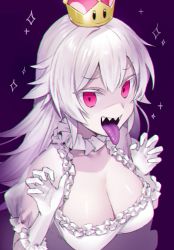 Rule 34 | 1girl, breasts, cleavage, crown, dress, frilled dress, frills, gloves, large breasts, long hair, looking at viewer, luigi&#039;s mansion, mario (series), mini crown, nintendo, open mouth, pink eyes, princess king boo, sharp teeth, solo, super crown, teeth, tokki, tongue, tongue out, upper body, white dress, white gloves, white hair