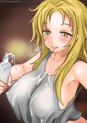 Rule 34 | absurdres, bedroom, blonde hair, breasts, bukkake, cum, cum on body, cum on breasts, cum on upper body, cumdrip, highres, large areolae, large breasts, loose clothes, loose shirt, naughty face, shirt, softshikioni, stayathome-chan, yellow eyes