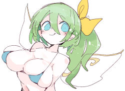 Rule 34 | bikini, blue bikini, blue eyes, blue vest, bow, breasts, cleavage, daiyousei, fairy wings, green hair, hair bow, hair ribbon, large breasts, massakasama, ribbon, short hair, side ponytail, simple background, swimsuit, touhou, vest, white background, wings, yellow bow, yellow ribbon