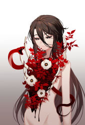 Rule 34 | 1girl, absurdres, black eyes, black hair, blood, bone, closed mouth, commentary, completely nude, cowboy shot, erchongbaojun, flower, gradient background, grey background, highres, long hair, looking down, nude, original, plant, ribs, snake, solo, symbol-only commentary, very long hair, white flower