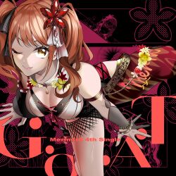 Rule 34 | 1girl, album cover, armband, black ribbon, bracelet, breasts, cleavage, closed mouth, cover, d4dj, dot nose, flower, from above, hair flower, hair ornament, hair ribbon, highres, idol, idol clothes, jewelry, looking at viewer, medium breasts, one eye closed, orange hair, outstretched hand, pink lips, red eyes, ribbon, seto rika, solo, twintails