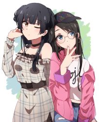 Rule 34 | 2girls, artist request, baseball cap, black hair, black headwear, blue eyes, brown eyes, choker, commentary request, denim, diagonal bangs, dress, earrings, glasses, hat, highres, idolmaster, idolmaster shiny colors, jacket, jeans, jewelry, long hair, long sleeves, mayuzumi fuyuko, mitsumine yuika, multiple girls, nail polish, one eye closed, open clothes, open jacket, pants, pink jacket, pink nails, plaid, plaid dress, round eyewear, torn clothes, torn jeans, torn pants, twintails, two side up