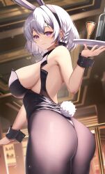 Rule 34 | 1girl, absurdres, against railing, animal ears, ass, azur lane, backless leotard, bar (place), bare back, bare shoulders, black bow, black leotard, black pantyhose, black wrist cuffs, blush, bottle, bow, braid, breasts, commentary request, eiryu33, fake animal ears, fake tail, hair bow, highres, holding, holding tray, indoors, large breasts, leotard, mole, mole under mouth, official alternate costume, pantyhose, playboy bunny, purple eyes, rabbit ears, rabbit tail, railing, san jacinto (azur lane), san jacinto (flavor of the day) (azur lane), short hair, sideboob, sidelocks, smile, solo, strapless, strapless leotard, tail, tray, wrist cuffs