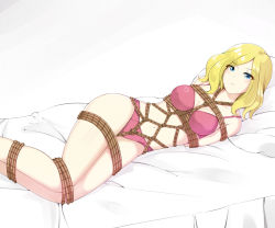 Rule 34 | 1girl, bdsm, bed, blonde hair, blue eyes, blush, bondage, bound, bra, breasts, cleavage, code geass, commission, eyes visible through hair, large breasts, long hair, looking at viewer, lying, milly ashford, navel, on side, panties, parted lips, pillow, purple bra, purple panties, shibari, solo, underwear, underwear only, yoshiiaki