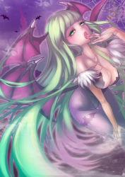 Rule 34 | 1girl, 1hayu, animal print, bad id, bad pixiv id, bare shoulders, bat (animal), bat print, breasts, bridal gauntlets, bug, capcom, castle, cleavage, collarbone, demon wings, ericcapink, fog, green eyes, head wings, large breasts, leaning forward, leotard, licking, long hair, morrigan aensland, open mouth, pantyhose, print pantyhose, saliva, silhouette, silk, solo, spider, spider web, thigh gap, tongue, tongue out, vampire (game), very long hair, wings