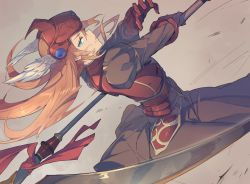 Rule 34 | 1girl, armor, armored dress, blue eyes, brown hair, commentary request, dress, elmina niet, feathers, frown, gloves, helmet, lady harken, long hair, red armor, scythe, solo, tarariko, valkyrie, weapon, wild arms, wild arms 1
