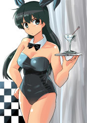 Rule 34 | 1girl, absurdres, animal ears, black eyes, black hair, black leotard, bow, bowtie, breasts, cleavage, closed mouth, cocktail glass, collar, commentary, cowboy shot, cup, detached collar, drinking glass, fake animal ears, frown, genderswap, genderswap (mtf), haida katsuretsu, hand on own hip, highres, holding, holding tray, leotard, long hair, looking at viewer, medium breasts, original, playboy bunny, rabbit ears, solo, standing, strapless, strapless leotard, sweatdrop, tray, white collar, wing collar, wrist cuffs
