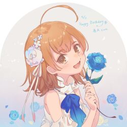 Rule 34 | 1girl, ahoge, arch, bare shoulders, blue bow, blue flower, blue nails, blue rose, blush, bow, brown eyes, brown hair, child, dated, english text, flower, frilled shirt, frills, gift art, gradient background, hair flower, hair ornament, hair ribbon, hands up, head tilt, holding, holding flower, kanji, last order (toaru majutsu no index), looking at viewer, lower teeth only, off-shoulder shirt, off shoulder, open mouth, petals, portrait, ribbon, rose, shirt, short hair, short sleeves, signature, smile, solo, tautiki, teeth, toaru majutsu no index, tongue, white flower, white rose, white shirt