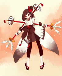 Rule 34 | 1girl, bow, brown hair, gloves, hair bow, japanese clothes, maco22, princess royale, red eyes, side ponytail, smile, solo, tsuru no ongaeshi, weapon