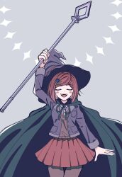 Rule 34 | 1girl, :d, arm up, black jacket, black ribbon, blush stickers, brown pantyhose, brown sweater vest, danganronpa (series), danganronpa v3: killing harmony, facing viewer, gem hair ornament, grey background, highres, holding, holding staff, jacket, long sleeves, miniskirt, neck ribbon, open clothes, open jacket, open mouth, pantyhose, pleated skirt, red hair, red skirt, ribbon, satori (aosky9077), short hair, skirt, smile, solo, staff, sweater vest, swept bangs, teeth, upper teeth only, yumeno himiko