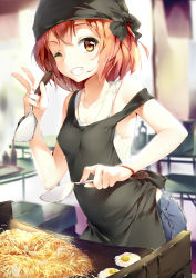 Rule 34 | 1girl, apron, bandana, breasts, brown hair, cooking, covered erect nipples, denim, egg, egg (food), food, fried egg, grin, highres, jeans, looking at viewer, one eye closed, original, pants, short hair, shuffle (songdatiankong), small breasts, smile, solo, spatula, sweat, teeth, v, yakisoba, yellow eyes