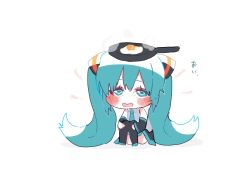 Rule 34 | 1girl, android, aqua eyes, aqua hair, aqua necktie, black skirt, black sleeves, black thighhighs, blush, chibi, commentary, detached sleeves, egg, fried egg, frying pan, grey shirt, hair ornament, half-closed eyes, hatsune miku, highres, hugging own legs, kaimo (mi6kai), knees up, long hair, looking at viewer, necktie, object on head, open mouth, shirt, sitting, skirt, sleeveless, sleeveless shirt, solo, steam, thighhighs, twintails, very long hair, vocaloid