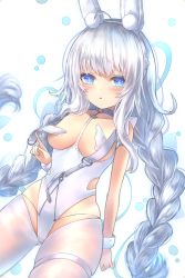 Rule 34 | 1girl, animal ears, azur lane, bare shoulders, belt, blue eyes, braid, breasts, choker, collarbone, commentary request, eyes visible through hair, fake animal ears, hairband, highleg, index finger raised, le malin (azur lane), le malin (listless lapin) (azur lane), leotard, long hair, looking at viewer, low twintails, notofuku, official alternate costume, parted lips, pushing away, rabbit ears, sidelocks, simple background, small breasts, solo, symbol-shaped pupils, thighhighs, twin braids, twintails, white background, white hair, white leotard, white thighhighs, wrist cuffs, zettai ryouiki