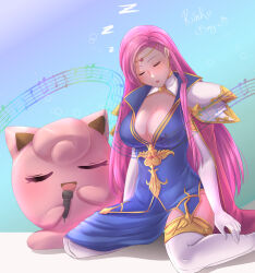 Rule 34 | 1girl, breasts, brunnya (fire emblem), cape, circlet, cleavage, creatures (company), crossover, fire emblem, fire emblem: the binding blade, game freak, gen 1 pokemon, highres, jigglypuff, large breasts, long hair, music, musical note, nintendo, pokemon, pokemon (creature), purple hair, rinku bny, singing, sitting, sleeping, zzz