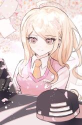 Rule 34 | 1girl, ahoge, akamatsu kaede, bad id, bad twitter id, baseball cap, black hat, blonde hair, breasts, cherry blossoms, closed mouth, collared shirt, commentary, crest, danganronpa (series), danganronpa v3: killing harmony, eyelashes, floral background, flower, fortissimo, hair ornament, hashtag-only commentary, hat, instrument, kkonmeo, light blush, long hair, long sleeves, looking at object, music, musical note, musical note hair ornament, necktie, orange necktie, petals, pink flower, pink vest, playing instrument, playing piano, purple eyes, sheet music, shirt, sidelocks, smile, solo, staff (music), star (symbol), star print, unworn hat, unworn headwear, upper body, v-neck, vest, white background, white shirt