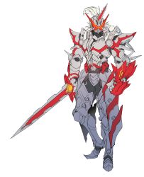 Rule 34 | 1boy, absurdres, armor, catball1994, clenched hand, fake horns, helmet, highres, holding, holding sword, holding weapon, horned helmet, horns, kamen rider, kamen rider saber, kamen rider saber (series), kamen rider saber draconic knight, looking to the side, male focus, red eyes, single horn, solo, spiked armor, standing, sword, tokusatsu, weapon, white armor, white background