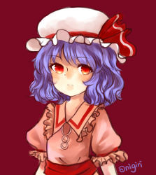 Rule 34 | 1girl, absurdres, bad id, bad pixiv id, blue hair, expressionless, hat, hat ribbon, highres, mob cap, onigiri (233), puffy short sleeves, puffy sleeves, red background, red eyes, remilia scarlet, ribbon, short hair, short sleeves, simple background, touhou, upper body, wing collar