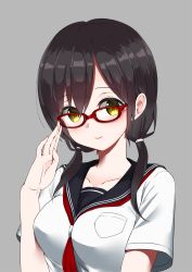 Rule 34 | 1girl, adjusting eyewear, black hair, black sailor collar, breast pocket, breasts, closed mouth, collarbone, commentary request, glasses, grey background, hair between eyes, hand up, highres, instant (ioarthus), low twintails, medium breasts, neckerchief, original, pocket, red-framed eyewear, red neckerchief, sailor collar, school uniform, serafuku, short sleeves, simple background, smile, solo, twintails, yellow eyes