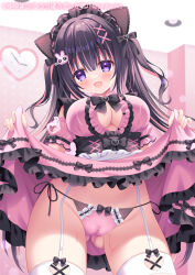 Rule 34 | 1girl, animal ears, apron, black bow, black corset, black hair, black ribbon, blush, bow, bow panties, breasts, cameltoe, cat ears, cat girl, ceiling, ceiling light, cleavage, cleft of venus, clock, clothes lift, corset, detached sleeves, dress, dress lift, fake animal ears, garter straps, hair ornament, hair ribbon, heart, heart-shaped clock, large breasts, long hair, looking at viewer, maid, maid apron, maid headdress, melonbooks, multicolored hair, open mouth, panties, pink dress, pink hair, pink panties, purple eyes, rabbit hair ornament, ribbon, short sleeves, side-tie panties, sleeveless, sleeveless dress, smile, standing, streaked hair, sweat, thighhighs, twintails, underwear, white apron, white thighhighs, x hair ornament, yuyumatsu