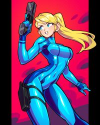 Rule 34 | 1girl, 333 (dqqqdle), abstract background, blonde hair, blue bodysuit, blue eyes, bodysuit, breasts, clenched teeth, cowboy shot, gun, handgun, highres, holding, holding gun, holding weapon, holster, looking to the side, metroid, mole, mole under mouth, multicolored background, nintendo, paralyzer, ponytail, samus aran, skin tight, solo, standing, stun gun, teeth, thigh holster, trigger discipline, weapon, zero suit