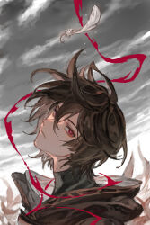 Rule 34 | 1boy, ahoge, bishounen, black shirt, brown hair, cloud, cloudy sky, commentary, commentary request, dated commentary, energy, expressionless, feathers, floating clothes, floating hair, from side, granblue fantasy, grey sky, hair between eyes, head tilt, hood, hood down, j999, light frown, looking at viewer, magic, male focus, messy hair, red eyes, sandalphon (granblue fantasy), shaft look, shirt, short hair, sky, solo focus, turtleneck, upper body, white feathers