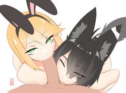 Rule 34 | 1boy, 2girls, absurdres, animal ear fluff, animal ears, arcbun, bandages, black hair, blonde hair, blue eyes, commission, commissioner upload, cooperative fellatio, eye contact, eyes visible through hair, fellatio, ffm threesome, geone, green eyes, group sex, highres, looking at another, looking at viewer, multiple girls, no pupils, oral, penis, pov, rabbit ears, tail, testicle sucking, threesome, variant set, vrchat, wolf ears, wolf girl, wolf tail