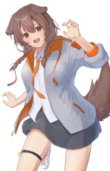 Rule 34 | 1girl, :d, animal ears, black skirt, blush, braid, brown eyes, brown hair, cidersour, claw pose, collared shirt, commentary request, dog ears, dog girl, dog tail, dress shirt, grey jacket, hair between eyes, highres, hololive, inugami korone, jacket, long hair, long sleeves, looking at viewer, nail polish, necktie, open clothes, open jacket, open mouth, orange nails, orange necktie, pleated skirt, puffy long sleeves, puffy sleeves, shirt, shoes, skirt, smile, solo, tail, thigh strap, twin braids, virtual youtuber, white footwear, white shirt