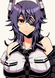 Rule 34 | 1girl, :i, bare shoulders, black coat, black neckwear, breast pocket, breasts, checkered clothes, checkered neckwear, coat, eyebrows, eyepatch, highres, kantai collection, large breasts, looking at viewer, medium hair, necktie, one-eyed, pocket, purple hair, shading, shirt, tenryuu (kancolle), white background, white shirt, yellow eyes, yuudadou