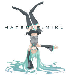 Rule 34 | handstand, hatsune miku, long hair, one arm handstand, panties, solo, striped clothes, striped panties, tansuke, thighhighs, twintails, underwear, upside-down, vocaloid