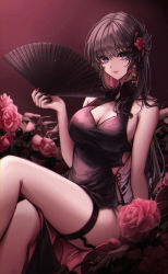 Rule 34 | 1girl, black garter straps, breasts, brown hair, china dress, chinese clothes, cleavage, cleavage cutout, closed mouth, clothing cutout, crossed legs, dress, feet out of frame, flower, flower knot, folding fan, garter straps, ha yusa, hair flower, hair ornament, hand fan, highres, holding, holding fan, large breasts, long hair, looking at viewer, mole, mole under eye, original, pink flower, pink rose, purple eyes, red background, red flower, rose, sidelocks, sitting, sleeveless, sleeveless dress, smile, solo, thigh strap, thighs