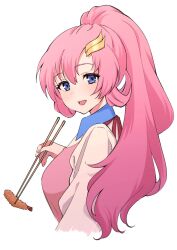 Rule 34 | 1girl, :d, apron, arm at side, blue eyes, blush, chopsticks, collared shirt, cropped torso, dot nose, food, from side, gundam, gundam seed, hair between eyes, hair ornament, hairclip, high ponytail, highres, holding, holding chopsticks, lacus clyne, long hair, long sleeves, looking at viewer, open mouth, pink apron, pink hair, plum (arch), shirt, sidelocks, simple background, smile, solo, tempura, white background, white shirt