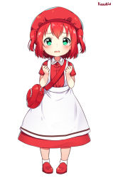 Rule 34 | 10s, 1girl, apron, aqua eyes, artist name, bag, blush, clenched hands, commentary, cosplay, dress, english commentary, erythroblast (hataraku saibou), erythroblast (hataraku saibou) (cosplay), full body, half updo, hands up, hat, hataraku saibou, highres, kaxukin, kurosawa ruby, looking at viewer, love live!, love live! sunshine!!, open mouth, pigeon-toed, red dress, red footwear, red hair, red hat, short hair, short sleeves, shoulder bag, simple background, socks, solo, two side up, white apron, white background, white socks