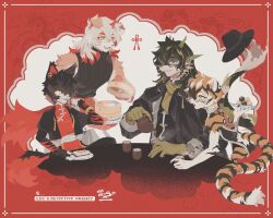 Rule 34 | 1girl, 3boys, aak (arknights), animal ears, arknights, bamboo steamer, black coat, black headwear, black shirt, claws, coat, colored tips, commentary, cup, dragon boy, dragon ears, dragon horns, drink, fangs, fingerless gloves, fins, fish tail, food, fork, furry, furry female, furry male, gloves, hair over one eye, highres, holding, holding cup, holding drink, holding food, holding fork, holding plate, holding teapot, horns, hung (arknights), komainu boy, komainu ears, komainu tail, lee (arknights), mittens, multicolored hair, multiple boys, one eye covered, open mouth, orange mittens, oven mitts, plate, round eyewear, scarf, shirt, single horn, sirakaro, sleeveless, sleeveless shirt, smile, symbol-only commentary, tail, teapot, tiger ears, tiger girl, tiger stripes, tiger tail, utensil in mouth, waai fu (arknights), yellow gloves, yellow scarf
