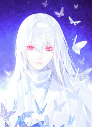 Rule 34 | 1boy, albino, bug, butterfly, commentary, hair between eyes, bug, kangetsu (fhalei), long hair, looking at viewer, male focus, mole, mole under eye, original, portrait, purple background, red eyes, robe, smile, solo, symbol-only commentary, white hair, white theme