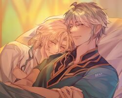 Rule 34 | 2boys, ahoge, alhaitham (genshin impact), artist name, bbiqia, bed, bedroom, blanket, blonde hair, blue shirt, blurry, blurry background, closed eyes, closed mouth, collared shirt, commentary, crystal, earrings, english commentary, genshin impact, gold earrings, grey hair, hair between eyes, highres, indoors, jewelry, kaveh (genshin impact), lips, lying, male focus, mandarin collar, multiple boys, on back, on bed, on side, pillow, shirt, short hair, short sleeves, sleeping, v-shaped eyebrows, white shirt, window, wing collar, yaoi