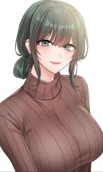 Rule 34 | 1girl, brown sweater, circles, green hair, grey eyes, highres, long hair, looking at viewer, simple background, smile, sweater, white background, yelena yerin