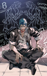 Rule 34 | 1boy, absurdres, black jacket, black pants, bleach, blue eyes, blue hair, crossed ankles, grimmjow jaegerjaquez, highres, jacket, male focus, open mouth, outdoors, pants, shirt, short hair, short sleeves, sitting, solo, spiked hair, white shirt, xi luo an ya